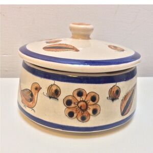 Vintage Mexican ceramic tonala dish with lid birds & floral mod century